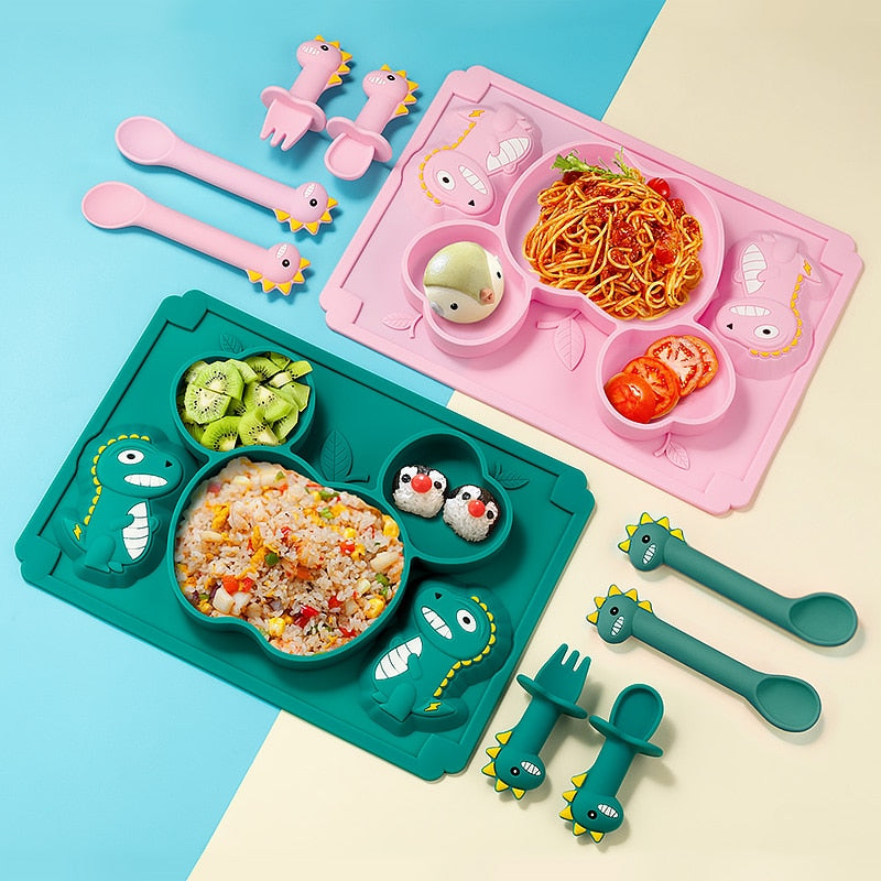 Dinosaur Silicone Plate Spoon Fork Set